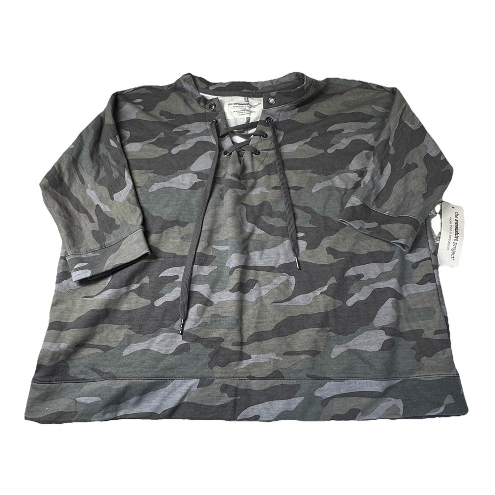 The Sweatshirt Project Top Womens XL Green Camo 3/4 Sleeve V Neck Lace Up NEW